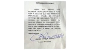 Leia mais sobre o artigo Presidente da Câmara Alcides Gomes emite nota de esclarecimento sobre atendimento gratuito do SUS
