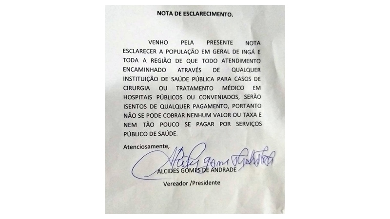 Você está visualizando atualmente Presidente da Câmara Alcides Gomes emite nota de esclarecimento sobre atendimento gratuito do SUS